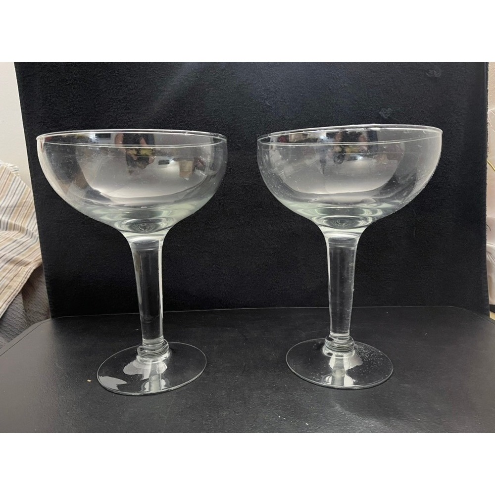 Set of 2 Clear Glass Champagne Coupe Cocktail Glasses 7 Inch Stemmed Mid-Century